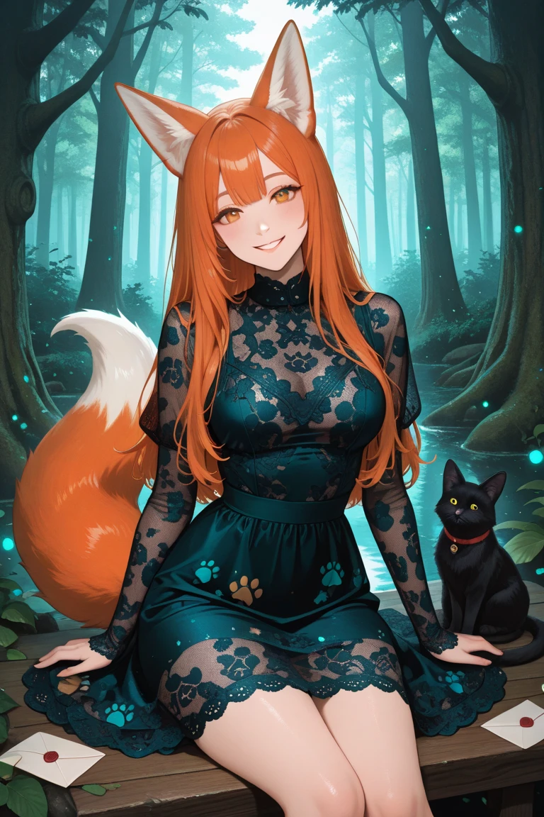 Stunning high-quality image about a red fox woman in a magical forest