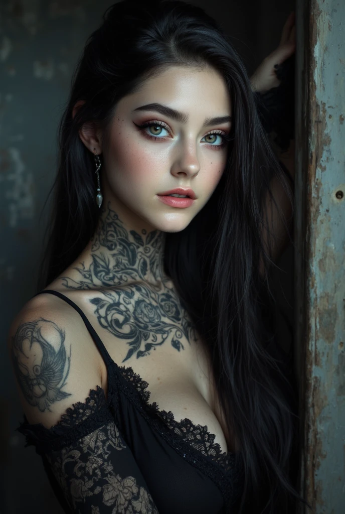 a beautiful young girl, 4k, ultra detailed, intricate tattoos, smoke, expressive beautiful face, long eyelashes, wearing a fantasy white dress, wearing fantasy white high heels, sitting on a white throne, crossed legs, sexy, flawless makeup,shiny skin,younger,