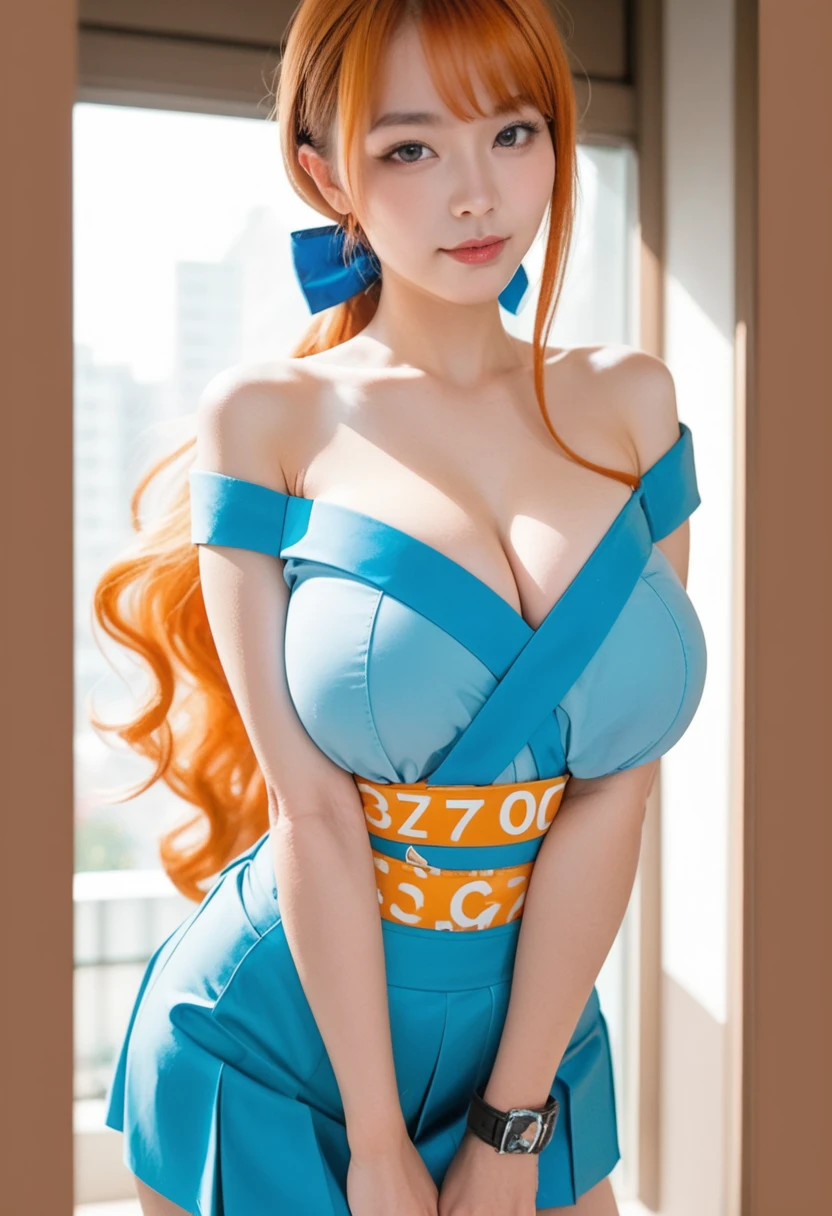 1 girl, nami one piece, dress blue, big oppai, long hair, orange hair, realistic, ultra detail, 70mm lens