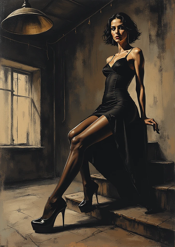 on the city street, in front, very sexy girl, Colombian, black skin, long hair, wearing a sexy dress, looks at us, smiles. She lifts her skirt and shows her panties,eroticism, sexy, black and white image, between shadows, oil painting, chiaroscuro, sensual, dramatic lighting, moody atmosphere, photorealistic, intricate details, masterpiece, ultra-detailed, high quality, 8k, best quality, realistic, cinematic, dark and brooding, expressionistic, powerful composition, emotional impact, {{{,{pussy,spread her pussy,cum,cum on pussy,masterbation,straddling,},{{{back,doggystyle,penis,1boy}}},cute,ultra detailed skin,sketch}}}, art inspired by Bill Sienkiewicz and Dave McKean
