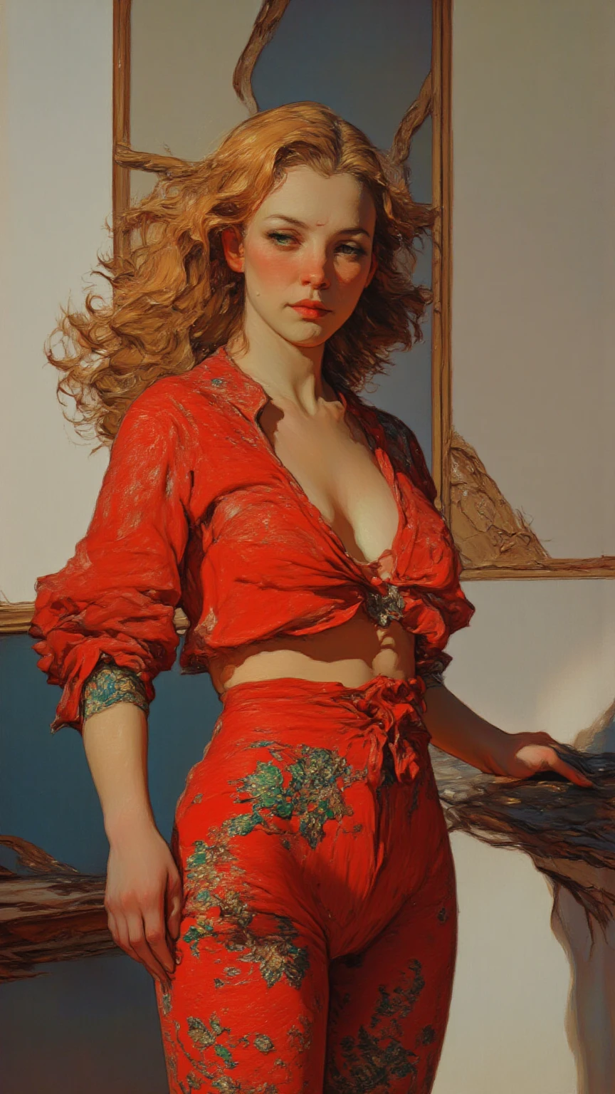 grisaille painting of gouache painting in drybrush technique as visible impasto modern simple oil painting. in center a superb gracious lady with very beautiful face and red hair, 18 year old, in tempting pose, entire body visible nude, beautiful green eyes, unveiled, naked, normal breast, having a mysterious small smile, dark bluish background, oil painting, impasto, artistic nude in alluring position, kinky indecent, entire body visible in tempting pose. impasto expressive painterly vibrant opaque rich painting