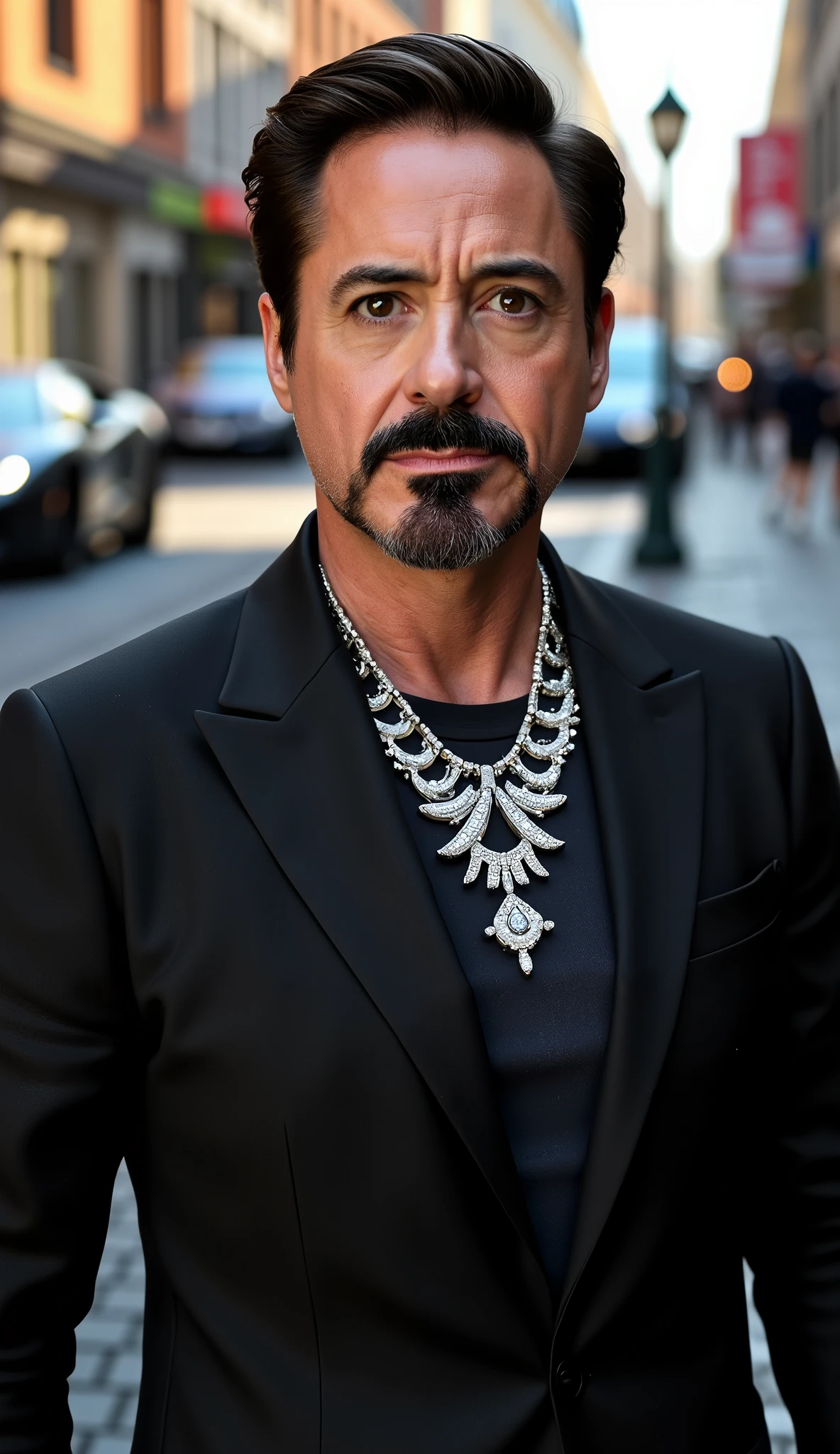 ROBERT DOWNEY JR in a black tuxedo with hyper realistic diamond necklace in full HD in 8k in high quality epicom background with a high quality black lamburini with lamp post a street and houses in the United States, upper body