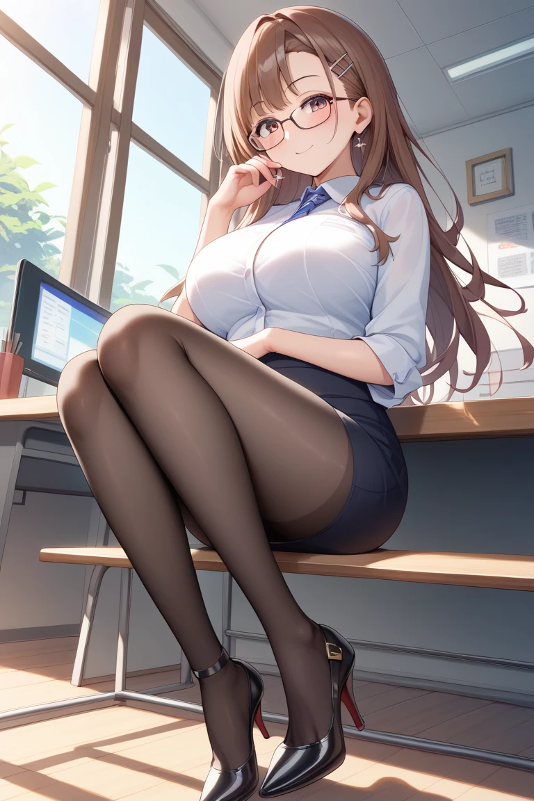 masterpiece, best quality, expressive eyes, perfect face, highly detailed, intricate detailed, atmospheric perspective, solo, 1mature seductive woman lifting skirt, lie sprawled on desk, spread legs, alluring pose, brown semi long hair, neckless, business suit, checked vest, blouse, black pencil skirt, tight mini skirt, pantyhose, panties, curvy, thighs, calm smile, open mouth, from above, in office, at night,