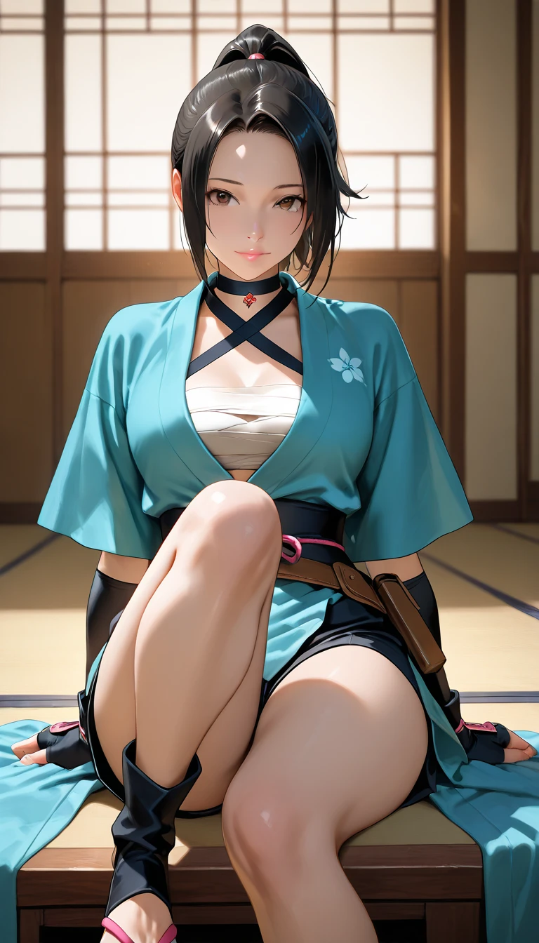 masterpiece, best quality, <lora:hibachi-nvwls-v1-000009:0.9> mshibachi, hair ornament, armband, japanese clothes, bandeau, sleeveless, black skirt, green gloves, thighhighs, large breasts, sitting, from above, arms behind head, looking at viewer, chair, japanese architecture