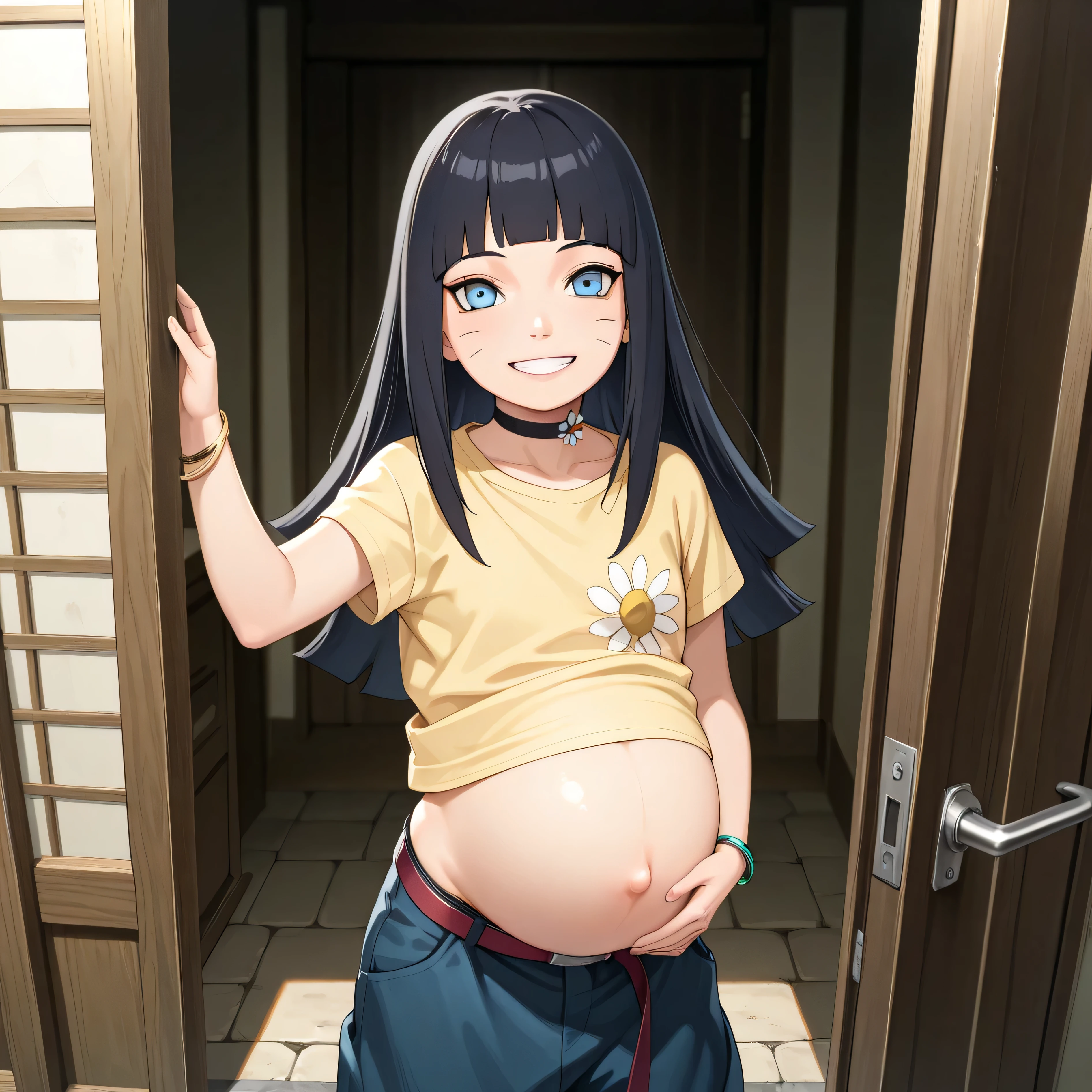 masterpiece, best quality, amazing quality, pov opening door, BREAK, 1girl, solo, standing outside house, 1girl, looking at viewer, uzumaki himawari, boruto: naruto next generations, black hair, whisker markings, himavortex, long hair, blue eyes, tall girl, himavortex, long hair, choker, yellow shirt, floral print, navel, midriff, bracelet, baggy pants, blue pants, belt, happy, smiling, letting viewer in, pregnant, one hand on pregnant belly,
