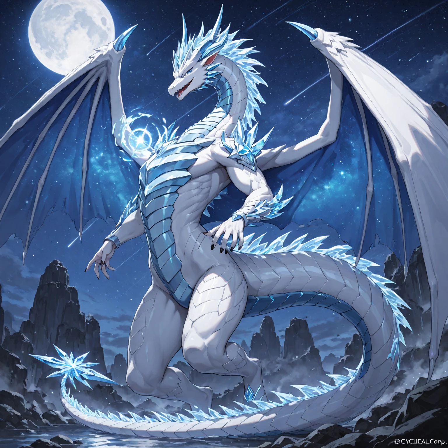 The silver-white dragon spreads its wings and flies in a misty valley, its body is wrapped in lightning, and the surrounding environment is glowing with lilac fluorescence. The background is the night of the full moon, with lightning and lightning