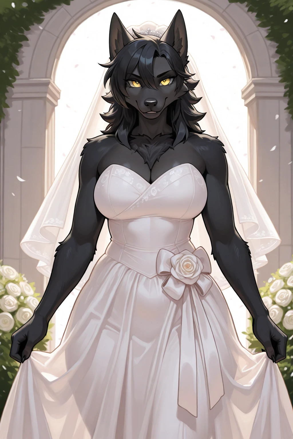 score_9, score_8_up, score_7_up, 1girl, solo,
flowing black hair, glowing amber eyes, ((boobs)), ((action pose)), ((grin face expression)), (hyena ears, hyena tail), (dark skin), (hyena pattern:1.25), demoness, (hyena:1.2),
monochromatic, eerie atmosphere,
(wedding dress), seductive, stark white background