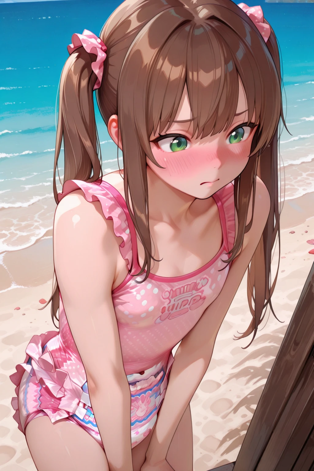 1girl, competition swimsuit,, Kinomoto sakura,solo,green eyes, brown hair, short hair,antenna hair,spread legs,beach,open mouth, sitting,shiny,looking at viewer,flat chest,blush,pussy,get wet, crying face