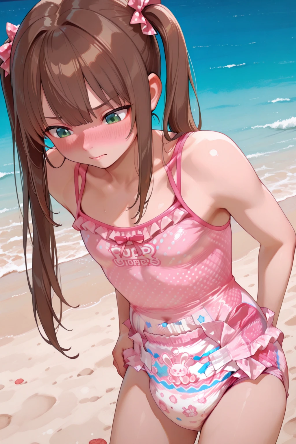 beach,1girl, kinomoto sakura, solo,school swimsuit,one-piece swimsuit, green eyes, pussy, brown hair, , short hair, navel、flat chest,blush,get wet,antenna hair,pink nipple,open mouth,arms behind back,,looking at viewer,highleg swimsuit