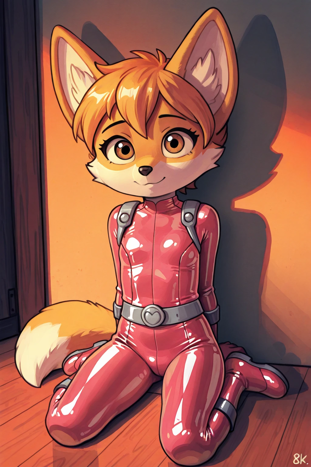 Brown furry girl inside bitchsuit, brown furry head outside suit