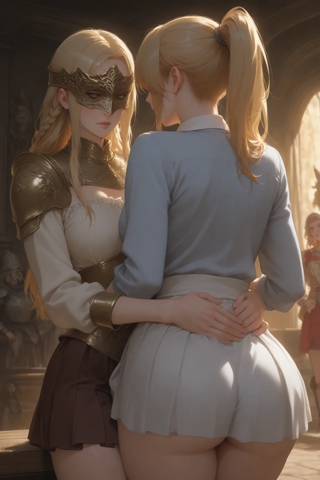 ((2female, (((((kissing))))), facing each other, breasts pressing against each other, bzccostume, wedding dress, open stomach, harn3ss, bondage harness, crotchless, gold harness, wedding veil, white stockings, long flowing blonde hair, (elf ears), sweating, beautiful face, ((eyes closed)), saliva string between mouths, earrings, bellybutton piercing, body chains, rings, (large breasts, round breasts, nipples:1.3, pierced nipples))), (Very detailed CG unity 8K wallpaper), best quality, cinematic lighting, detailed back ground, day time, in city street, historic european street, fully clothed men watching in background, 