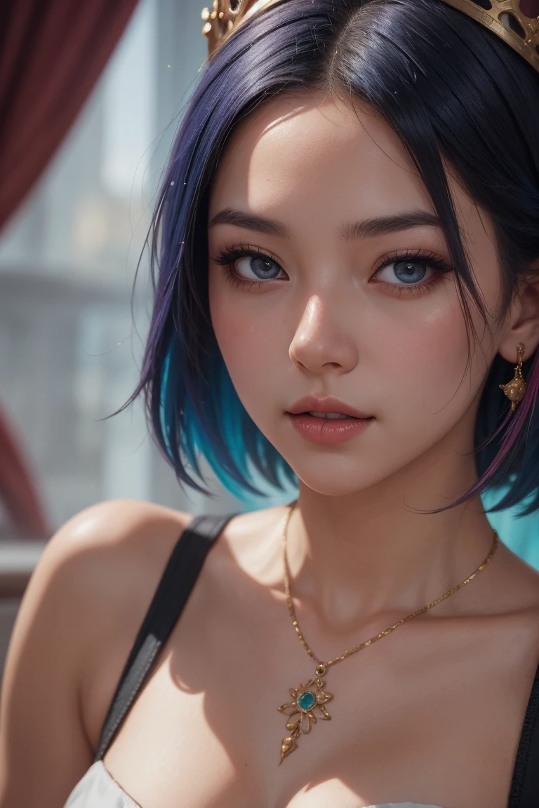 Free Fire male character with pink fringe and dark blue back, black chest with blue effect