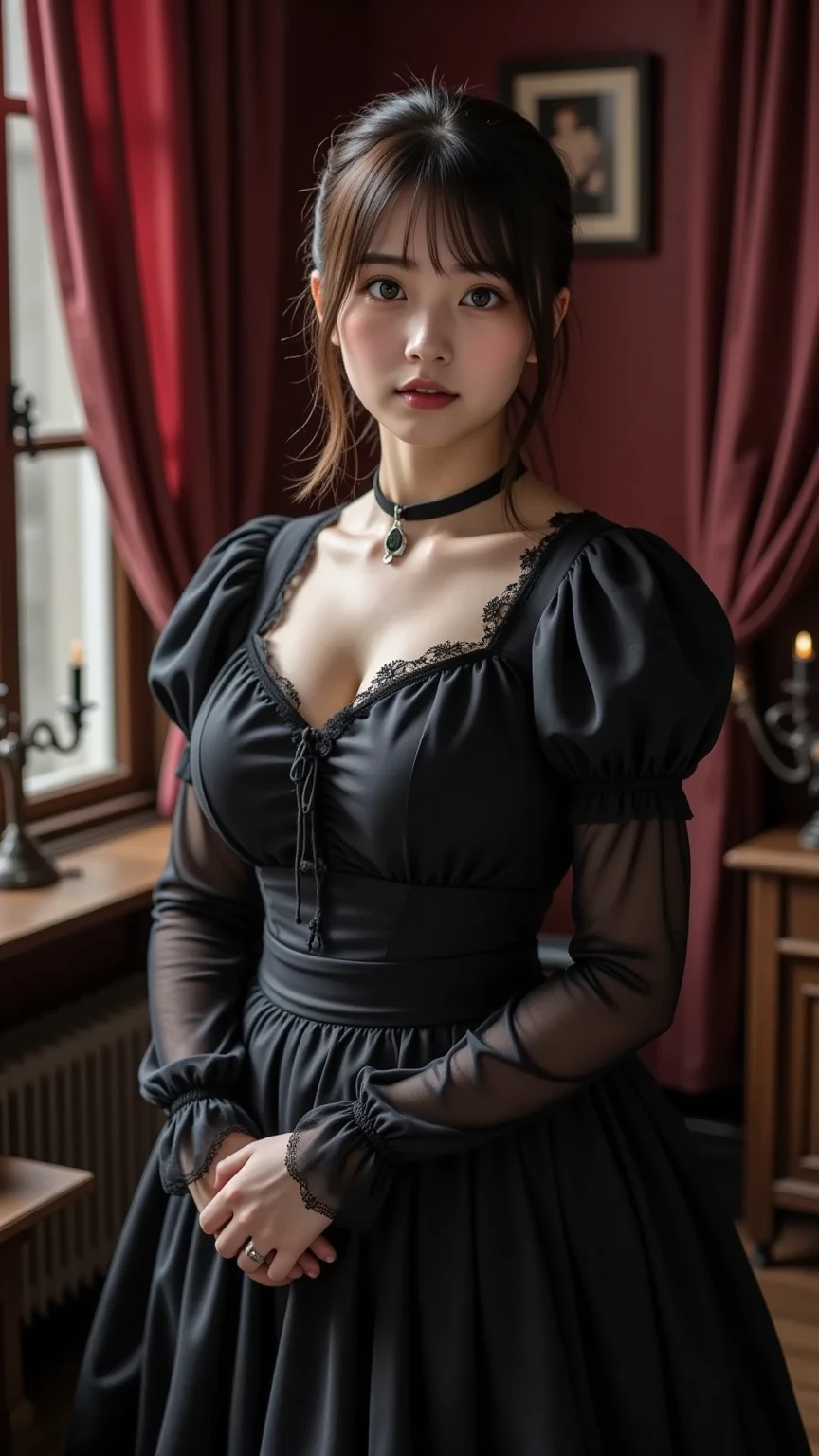 ((masterpiece:1.2、highest quality、Tmasterpiece))、1 female、alone、classroom、Day、(Korean Idol:1.25)、(Are standing:1.4)、Black Hair、Cute Face、Wavy Hair、Medium Hair、Beautiful legs、break、((dress:1.4))、(Big Breasts:1.4)、(tights)、Hoop Earrings、corset、lipstick、(mini skirt:1.2)、blush、smile、(Covered breasts:1.2)、(Thick lips:1.2)、Detailed body、Very detailed絵画, Luminism、4K resolution、3D Rendering、Exquisitely crafted , Cinematic、Realistic、Hit definition、Abstract Beauty、Approaching perfection, Pure Form, Golden Ratio、Very detailed, Digital photography, Soft natural light, 50mm lens, f1.8 Vacancies、blush、Small face、Narrow waist、lo dress, gothic, detached sleeves, long sleeves, wide sleeves