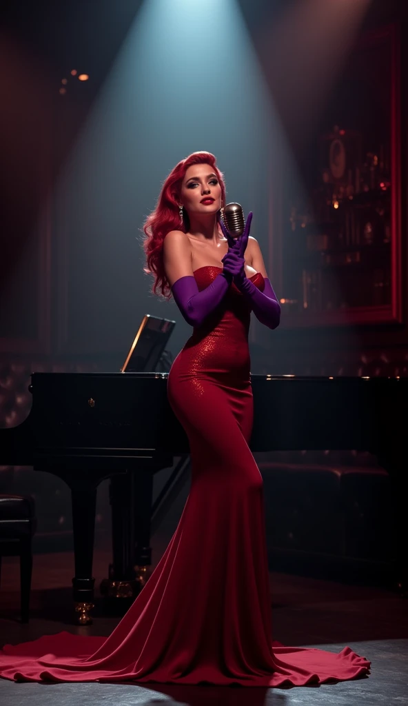 masterpiece, best quality, barefoot, tied to a chair, 
1girl, jessicarab, red hair, long hair, hair over one eye, green eyes, bare shoulders, cleavage, red dress, strapless, elbow purple gloves,  lipstick, makeup,  side slit, full body, solo, looking at viewer, simple background     
