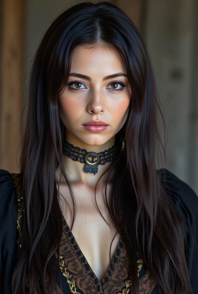 1 European gothic woman, pretty face, long straight hair, ultra detailed face and eyes, hyperrealistic, realistic representation, 30 years old, she is wearing black gothic clothing