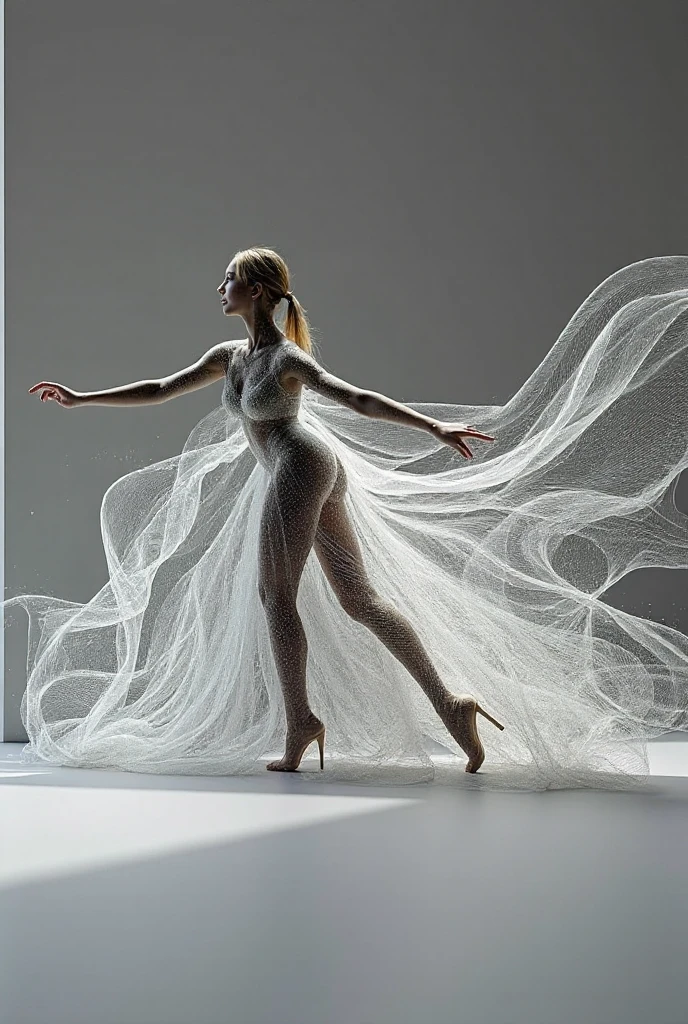 Masterpiece, award-winning photograph, UHD, RAW, (ultra high quality, 8k, intricate details), professional studio photo,(((black and white filter))), full body portrait photo of a beautiful 25 y.o. old european woman dancing before a ((((geometrical art installation inspired by Victor Vasarely)))),wearing a short white silk lace dress, (her body moving in motion), outstrecthed arms, joyfull delighted face, (extra long endless long wavy blonde hair) floating around, skinny fit body, standing in ((various sexy dynamic poses)),perfect curved body, natural tight breasts, nice legs, (real human hands with five fingers), mesmerizing body movements, graceful poses, in the background (geometrical patterns:1.32), (contemporary art), contrasting light and shadows, black and white photography, artistic expression, intense emotions, dramatic compositions, high contrast, best shadow, best quality, monochromatic tones, evocative and sensual, masterful artistry, captivating details, minimalist aesthetic, intense focus on the human form, intricate body positions, subtle lighting, beautifully captured emotions, merging elation and pleasure, (best quality, 4k, highres, masterpiece:1.2), dramatic lighting, phenomenal black and white portraits.