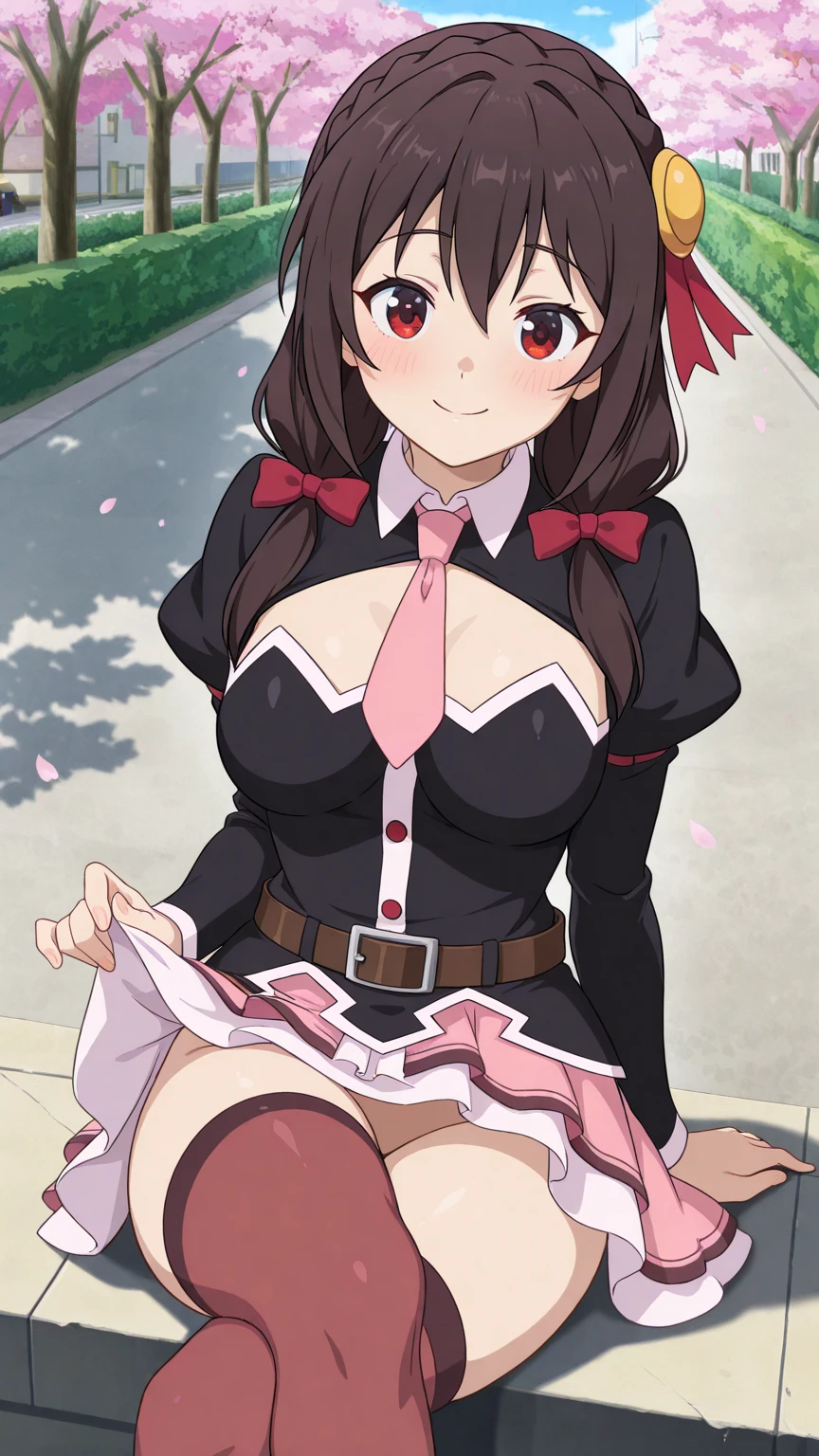 (masterpiece, Highest quality), One girl,    Yunyun,Long Hair,Braiding,Twin tails,Hair between the eyes,Red hair ribbon,hair ornaments,large round breasts,、Pink Skirt、Black Hair、Red Eyes、(A very happy smile:1.2)、Crown Blade,Black Shirt, Long sleeve,Pink tie, belt, Cleavage cutout、cowboy shot、(blush:1.2)、Young face、(Sitting on the grass having a picnic)