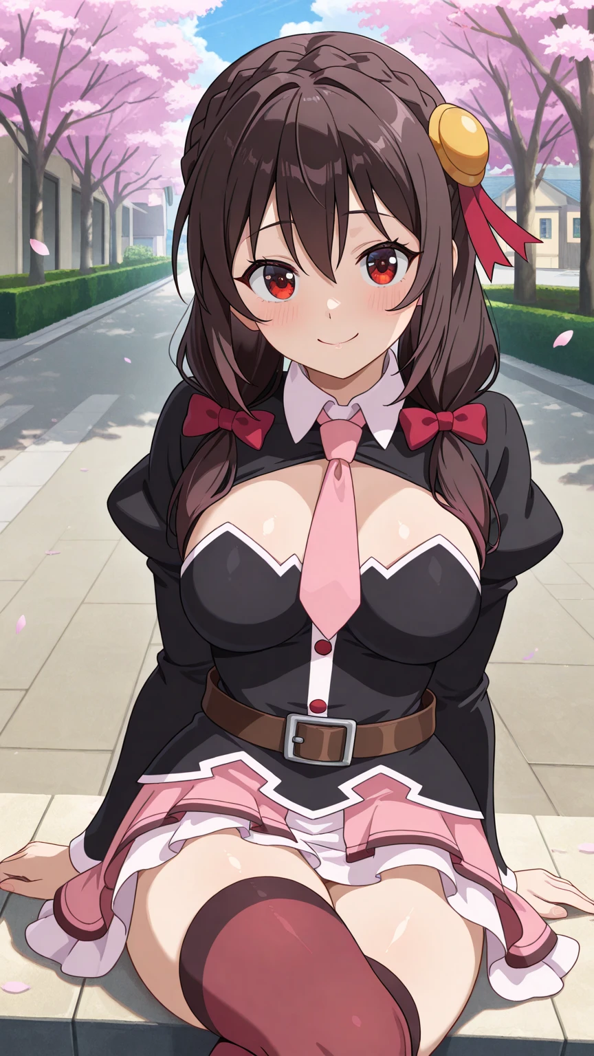 (masterpiece, highest quality), One girl, Yunyun,Long Hair,Braiding,Twin tails,Hair between the eyes,Hair Ribbon,hair ornaments,large round breasts,、Pink Skirt、smile、grassland、Crown Blade,Black Shirt, Long sleeve,Pink tie, belt, Cleavage cutout、upper body