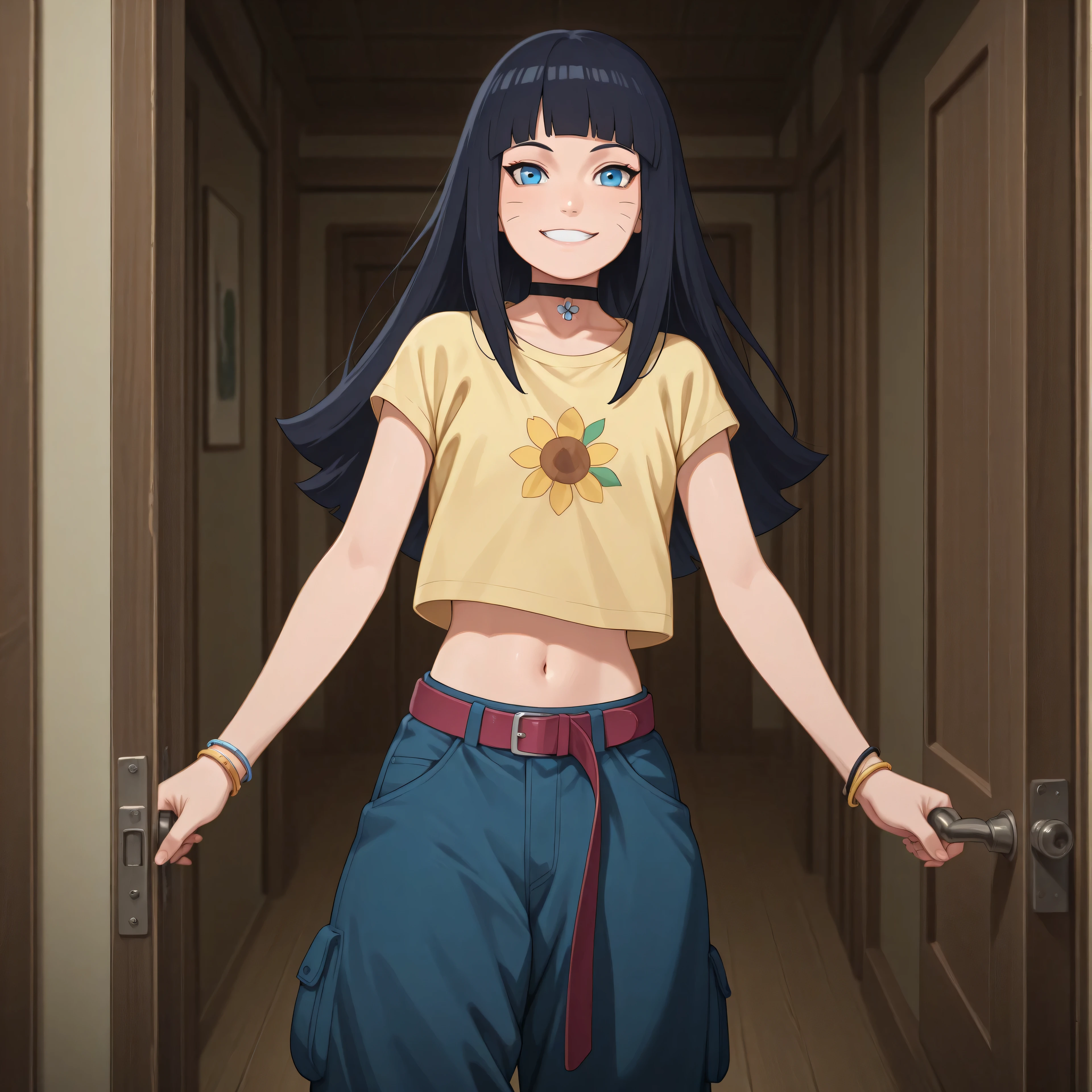 lazyneg, anime, masterpiece, best quality, amazing quality, pov opening door, BREAK, 1girl, solo, standing outside house, 1girl, looking at viewer, uzumaki himawari, boruto: naruto next generations, black hair, whisker markings, himavortex, long hair, blue eyes, tall girl, himavortex, long hair, choker, yellow shirt, floral print, navel, midriff, bracelet, baggy pants, blue pants, belt, happy, smiling, letting viewer in, 