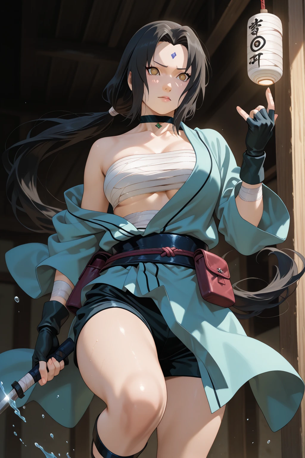 Best image quality, threaten, Holding a spear, primitive, Primary forest, In underwear, ""Primitive clothing"", woman, Black Hair, Tying up hair, paint