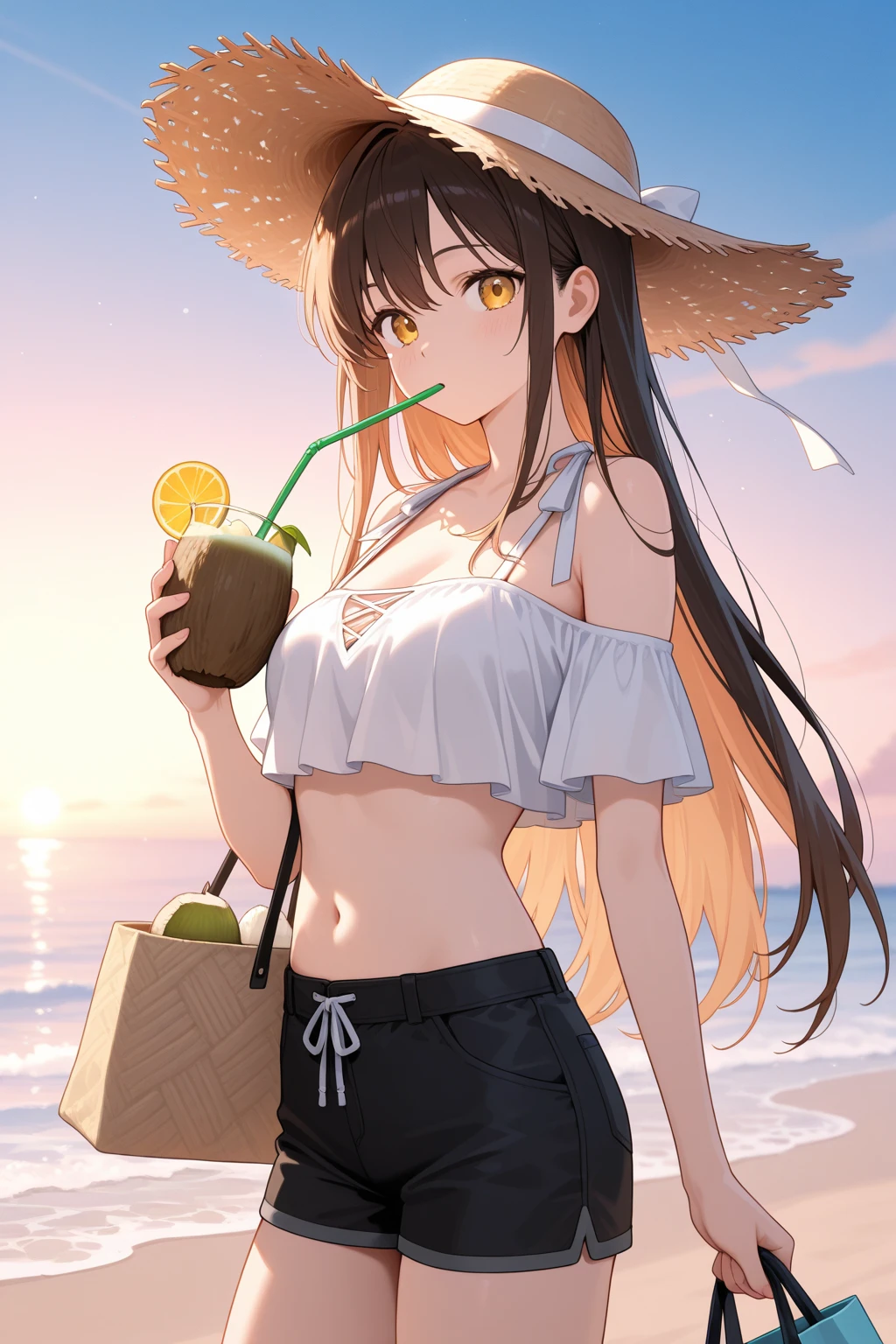 A cute frilly orange junior bra、Cute orange frilly underwear、barefoot、Orange bra showing through white T-shirt、Sandy beach, cumulonimbus clouds and blue sky、A lot of mandarins、Overflowing with mandarin oranges、a large amount of apples、a large amount of bananas、A lot of melons、a large amount of watermelon、A lot of Muscat