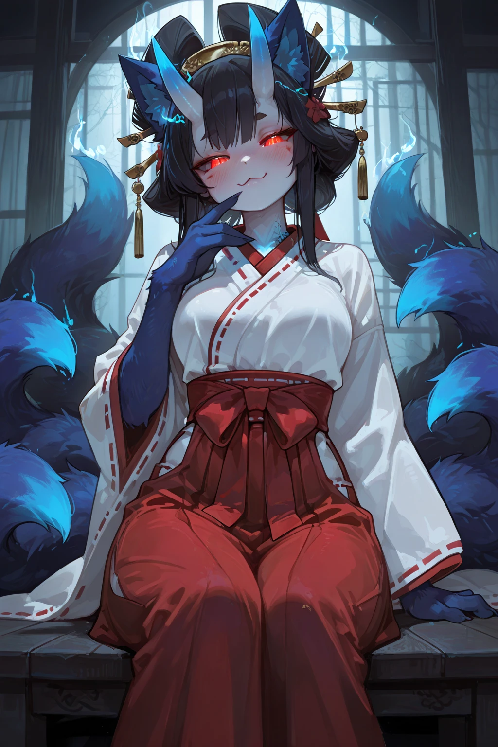 a sexy milf with a blindfold on, has very long purple hair, breasts, showing cleavage, has fox ears, wearing sakura kimono, in a gypsy tent, reading a crystal ball and surrounded by tarot cards, surrounded by candles