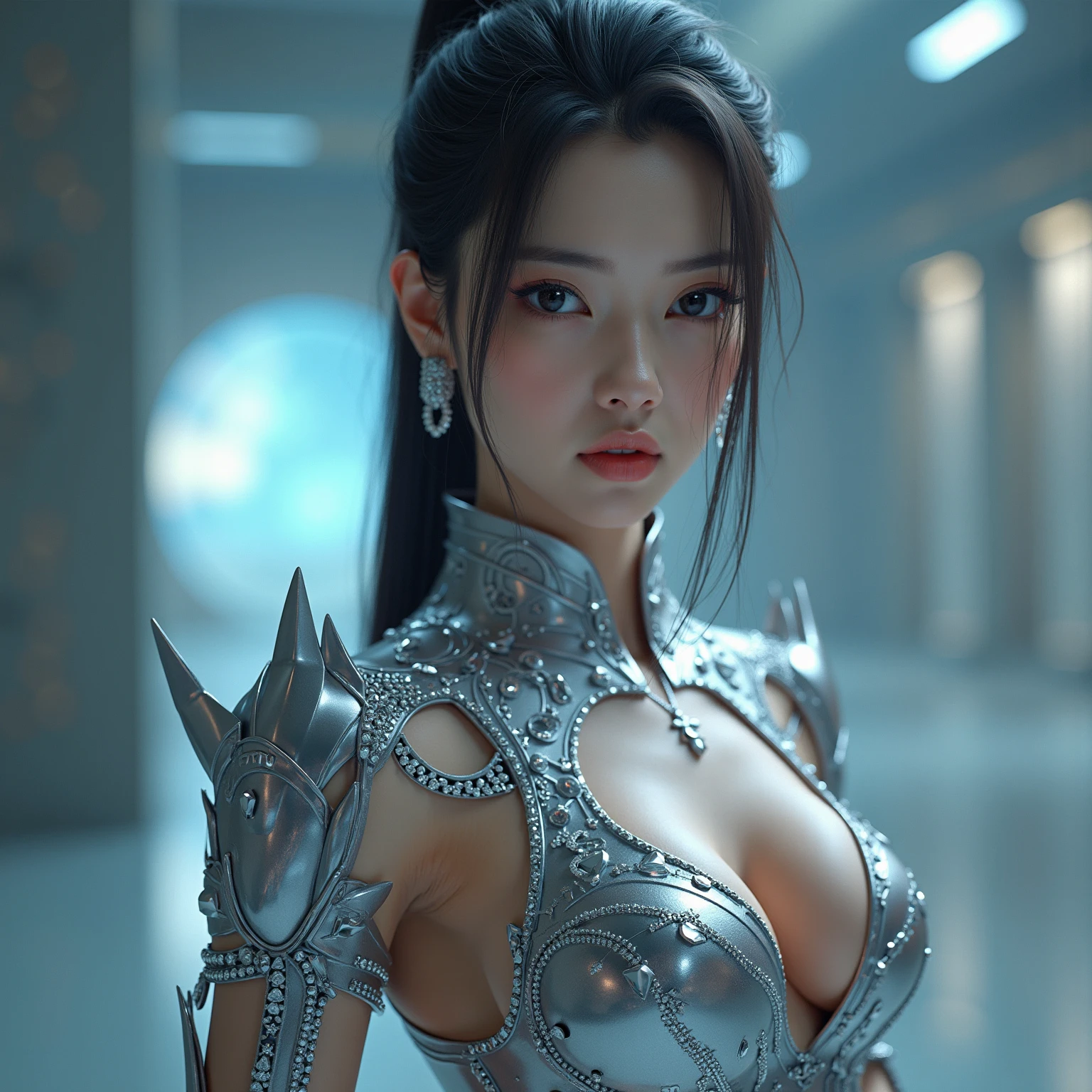 Masterpiece, Game art, Best image quality, Highest resolution, 8K, Unreal Engine 5 rendering work, (Digital Photography), 16 year old girl, Short hair details, With long bangs, (Meticulous red eye makeup),(With gray ash hair length: 1.4),(Large and full breasts),Elegant and noble,Brave and charming, (Future armor combined with the characteristics of ancient Chinese armor, Hollow design, Power Armor, Mysterious Eastern runes, Delicate clothing patterns, Flash of magic ) , Future soldier, Cyberpunk figure, War background, Movie lights, Ray tracing, Game CG,((3D Unreal Engine)), OC rendering reflection pattern