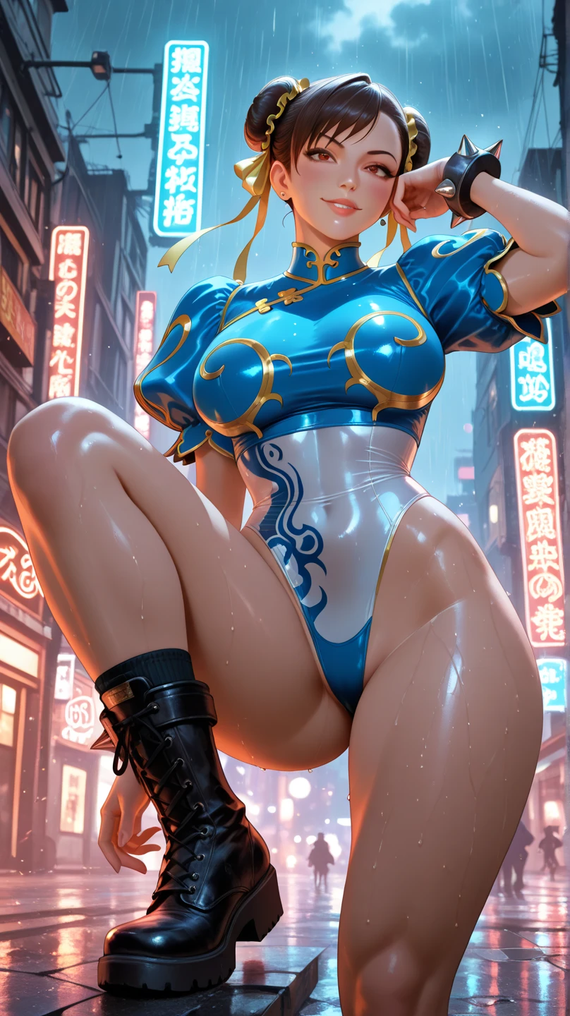 Chun-Li,linda jovem com uniforme azul classico, coxas grossas, belas coxas sexy,um pouco muscolosa, cabelo preso, black tights,cidade chinesa a tarde, Standing alone.solo, roupa azul, saia azul, olhar serio, belos olhos, belo rosto bem detalhado, olhos e sobrancelhas detalhado.olhos castanhos escuros,olhas sexy, belo sorriso sexy