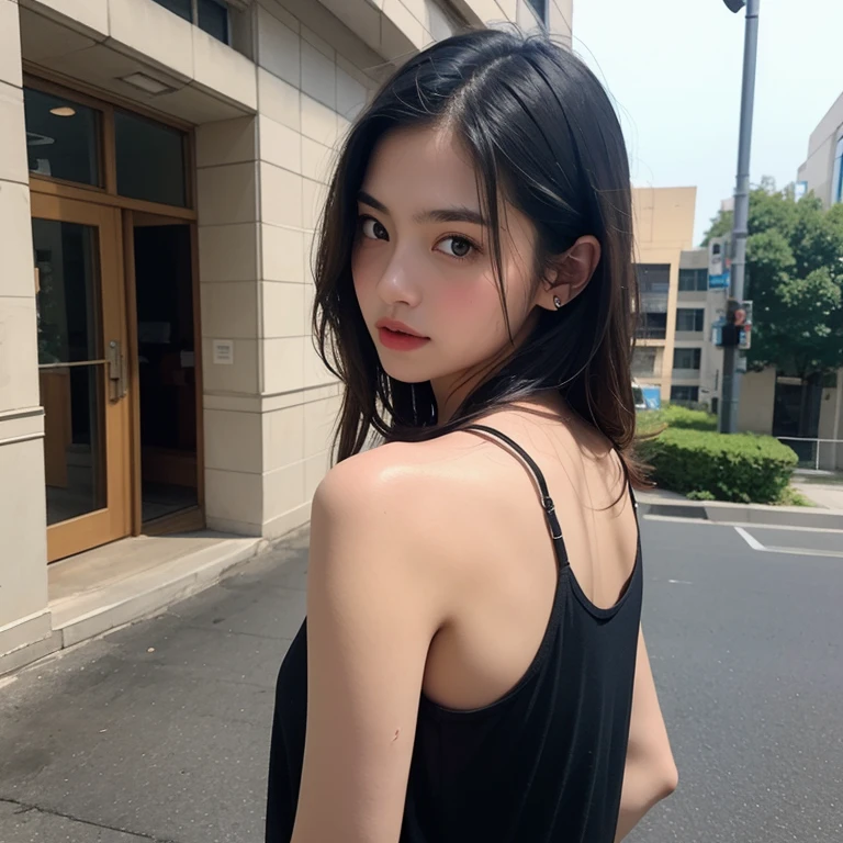 Kim Jennie de blackpink con el cabello rubio claro, cabello rubio con ondulado, cabello de color rubio ondulado, with small fringes, ojos color negro, nariz respingada y bonita, labios gruesos, Cupid and heart shaped lips, labios rosas, piel blanca, piel bonita y suave, con pecas y lunares, cejas bonitas, marked and beautiful clavicle, mientras tiene un polo con rosas color rojo tinto, rojo oscuro, con un short corto, short bonito y corto, abdomen delgado y bonito, escote desnudo, while his back is turned, mostrando su espalda bonito y delgada, (pechos grandes, pechos suaves, pechos naturales, escote desnudo), mientras agarra una rosa, mirando a la camara, autofoto
