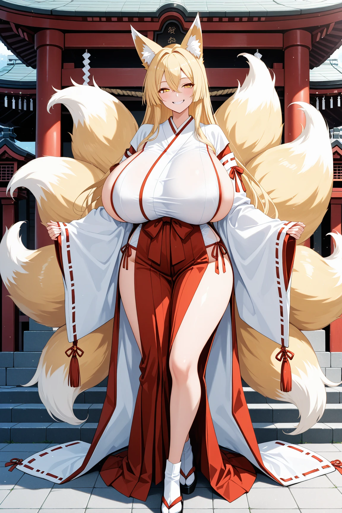 One girl, Mature Woman, Mature Woman, Japanese-style room、Tatami room、Sliding doors、Dark room、 plump, Voluptuous body, Huge breasts, Saggy breasts, Wide Hips, Miko costume, barefoot, Cleavage, Are standing, Blonde Nine Tails, smile, Short blonde, Red eyes, at night, 8K, masterpiece、milf、Fox Ears、Lantern
