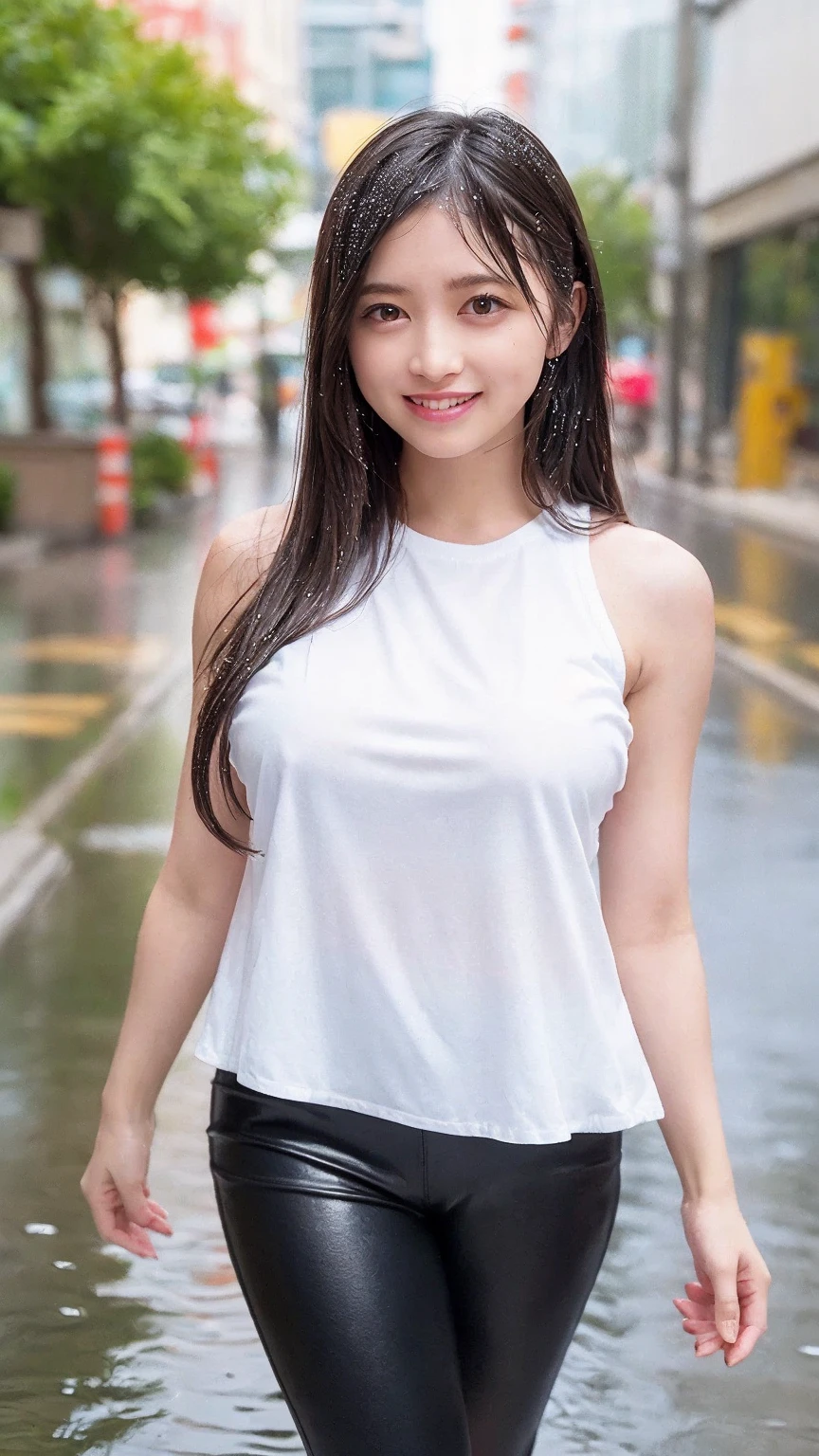 ((Top Quality, 8K, Masterpiece: 1.3)), Sharp Focus: 1.2, Perfect Style, One Beauty, Top Model: 1.2, Waist Constriction, Beautiful Legs, Taut Skin, ((Wet Skin: 1.4)), ((Sweaty: 1.2)), (Upper Body Shot: 1.2), (Reach Here), (Hug), Highly detailed face and skin texture, detailed eyes, double eyelids, pale cheeks Professional lighting, small necklace, small earrings, bracelet, (layered hairstyle), (((T-shirt: 1.4)), (wearing tight skirt), (G cup bust: 0.8), (natural breast, natural cleavage), (seaside street: 1.2), (shy smile: 1.1)