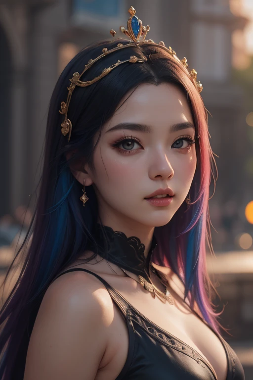 (absurdres, highres, ultra detailed), 2d, cheDark Fantasy,(masterpiece, best quality, ultra-detailed, highres, best illustration),perfect face, ((solo, solo focus)),sidelighting, lustrous skin,(bloom), (shine), ray tracing,1girl, solo, dark skin, jewelry, necklace, dark-skinned female, multicolored hair, lips, purple hair, upper body, brown eyes, breasts, bare shoulders, hair ornament, makeup, long hair, black hair, very dark skin, dreadlocks,depth_of_field, city background,very detailed background,extreme light and shadow,(detailed eyes), (beautiful) beautiful detailed eyes, perfect lighting , perfect anatomy,(extremely detailed illustrated 8k wallpaper),(masterpiece), (best quality), (ultra-detailed), (best illustration),(best shadow), vivid colors, portrait, shoulder, half body --auto --s2
