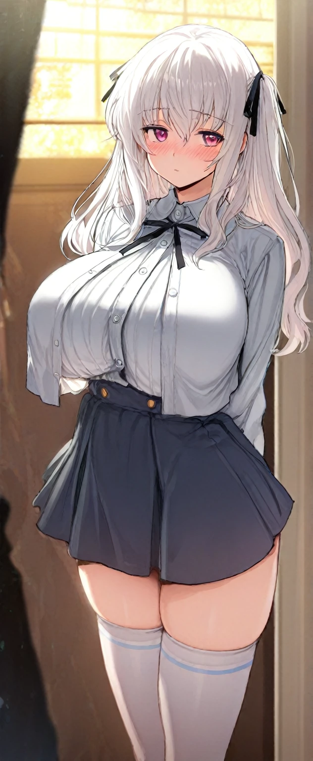One Girl, High quality, Ultra detailed, best quality, insanely detailed, beautiful, masterpiece, cute, angly,smile,(( black Short pleated skirt, White blouse, Schools in South Korea:1.3)), sexy, A girl showing off her attractive breasts, ((Platinum Blonde Hair, Long Hair)),Pink Orb, fine grain, Beautiful Eyes, Delicate eyes, ((Hourglass Shaped Body, sexy body)), Correct Anatomy, Correct limbs, ((Huge breasts:1.5)), Juicy lips, Pouting, [Detailed Background (Schools in South Korea, South Korea Colleges and Universities, Seoul, South Korea)]BREAK((Black pantyhose)),((Side Shot)),((View from between the legs)),((tan skin:1.6))