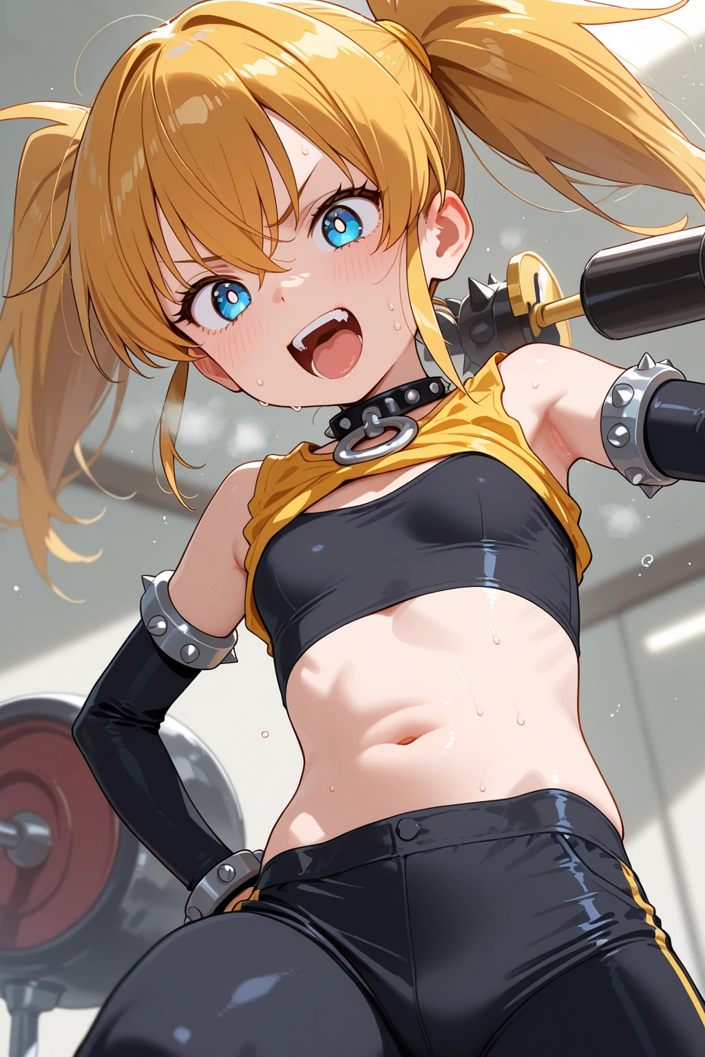 A cityscape lined with multi-tenant buildings,Fire trucks are parked in the vicinity,Dressed as a firefighter,Firefighters are around with hoses and training activities,Black tank top under a firefighting suit,Blonde hair with peach inner color,blue eyess,Sunset sky,Training with a pleasant face,Training with a smile while sweating,Training with more than one guy,Strength training,abdominals,squatt,Push-ups,Full Dash,red tide,A smile,AHE Face,A face full of pleasure,