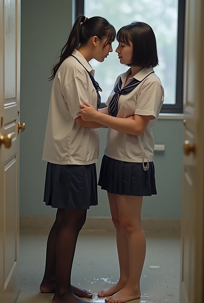 (realistic, photo-realistic:1.4), (best quality,masterpiece:1.2), RAW photo, high resolution, intricate details, extremely detailed, sharp focus, cinematic lighting, (full body, frontal photography:1.5), (couple, two girls, a tall girl and a short girl:1.6), 16yo zee jkt48 women standing, (couple hugging tightly each other and kissing roughly:1.5), (grabbing another's arm, grabbing another's ass), leaning against the wall outside classroom, smaller face, thin, slim, slender, thin legs, (blazer, skirt, bare legs, socks, loafers, wearing a tokiwadai school uniform:1.4), dark hair, (detailed face, beautiful detailed eyes, sophisticated nose), pale skin,
(peeing self, urinate a lot while holding crotch, urination:1.8), (big pee puddle, pee stain, pee running down legs),
photo background, indoors, hallway,