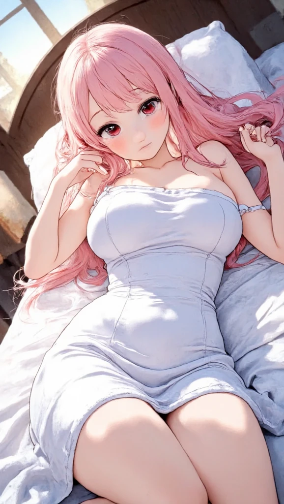 Beautiful illustration、quality、cute girl、bedroom、one with pink hair、long white hair、huge 、bare legs、blue eyes、on top of bed、cute thighs、The light is gentle，Beat the，Lots of sweat，wet，Chinese term for breast milk，good sleep，close eyes，Fell asleep，Pajamas Chubby，
