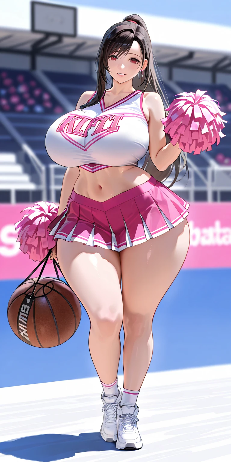 ((Masterpiece)), perfect anatomy, perfect shading, field of depth, (best quality), extremely delicate and beautiful, perfect lighting, detailed face, ultra cute face, cute, (cowboy shot 1.2), full body, (((1girl))), (((solo))), cheerleader
long hair, fluffy hair, brown hair, green eyes, ((blush))), embarrassed, (cheerleader uniform), (blue and white tank top 1.2), (short section skirt 1.2), thigh highs, chocker, extremely tight clothes, large breasts, cleavage, perky breasts, (((wide hips))), ((thick thighs)), ((big butt)), ((plump)), chubby belly, fat rolls, belly hang, she has a jiggly belly,
football field, intricate background, detailed background, sweaty, out of breath
