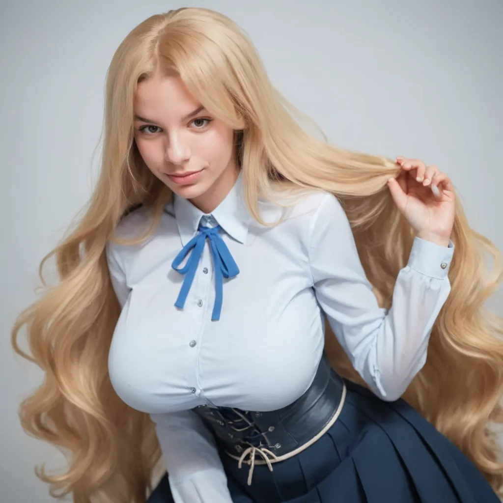 Female((35year old)), hair((wavy, long, blonde)), eyes((big eyes, blue eyes)), clothes((shirts, plaid, yellow)), accessories((hair bow)), gigantic breast, big breast, korean make-up look, blank background, blank,