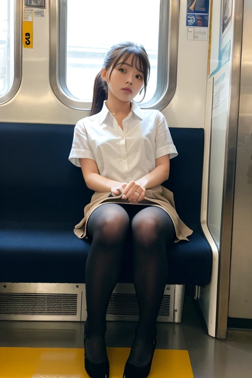 smile,one japanese woman,(masterpiece, Highest quality, 8K, RAW Photos, beautifully、aesthetic:1.2), Intricate details, indirect lighting, Realistic,
whole body, Sitting on a chair on the train、Staring at the viewers、Voyeur、
Square neck button-down linen sundress,
Training women , Chair to sit under skirt,