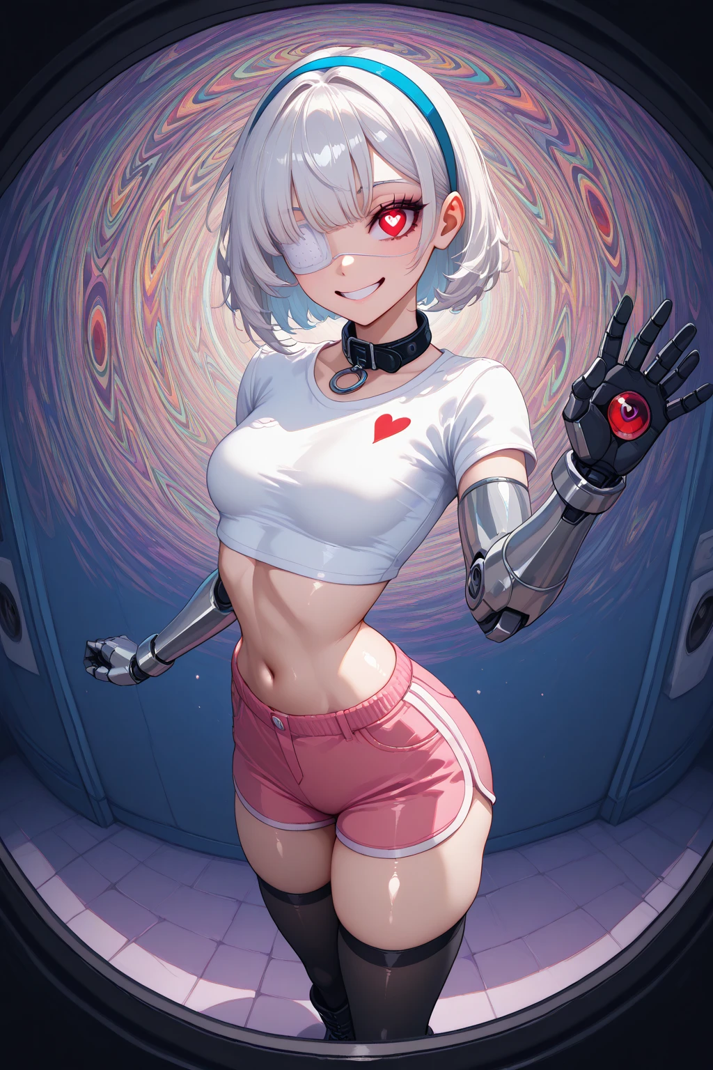 (masterpiece:1.2, best quality:1.2, beautiful, high quality, highres:1.1), detailed, extremely detailed 4K, perfect eyes, perfect face, perfect lighting, (1girl, solo, adult female, mature female),
cupidtech, scifi,
cupidtech outfit, (pink shirt), large breasts, muscular, (bloomers, bloomer shorts, gym clothes), smile, cute,