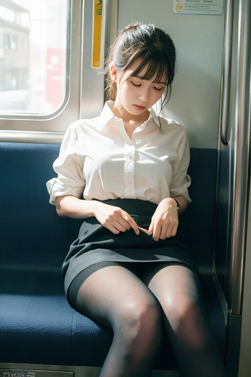 (masterpiece, Highest quality, 8K, RAW Photos, beautifully、aesthetic:1.2), Intricate details, indirect lighting, Realistic,
whole body, Sitting on a chair on the train、Staring at the viewers、Voyeur、
Square neck button-down linen sundress, (Ultra-realistic pantyhose)、
Training women , Chair to sit under skirt,