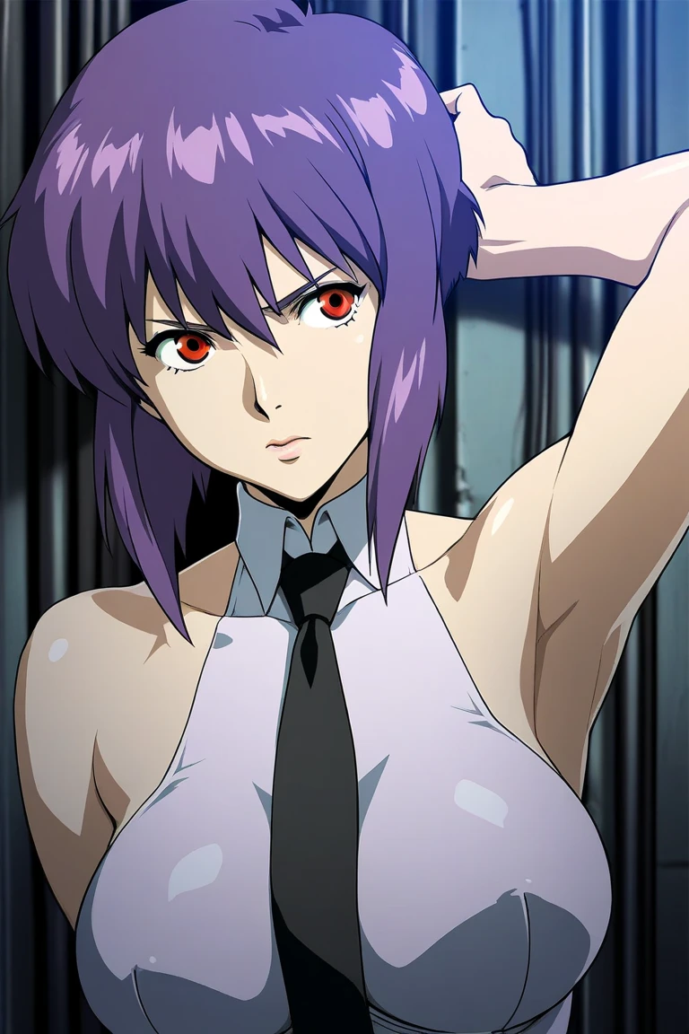 Close-up of Motoko Kusanagi lying on the bed covered with blanket, Purple colored hair, red eyes,anime style beautiful woman, Lie down in bed，anime《Fantasma na Concha》Curly, kusanagi motoko, kusanagi, Blow blow, Ghost in the Shell movie scene, levi black lagoon, Ghost in the Shell style, bared  chest, Fantasma na Concha, Inspired by Morikage Hisumi