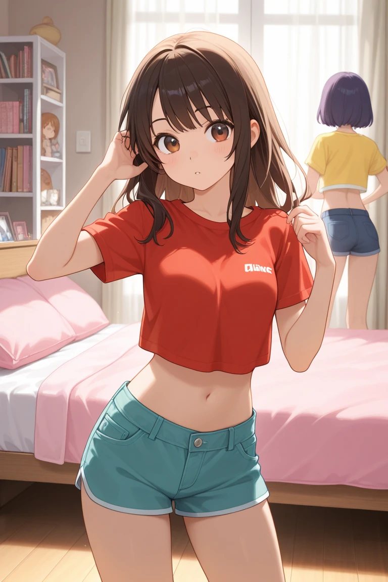 shoot from behind、Butt、Her miniskirt flutters and her panties are visible、Panty shot、arcade、game machine、Game bench、UFO Catcher、Purikura、Date、Fashionable glasses、forehead、Girl、Girl、Short、Younger、Lower school year、Baby Face、flat chest、smile、Dynamic Angle、masterpiece、best quality、ultra-detail、There are customers around、I'm making a mess、Clothing
