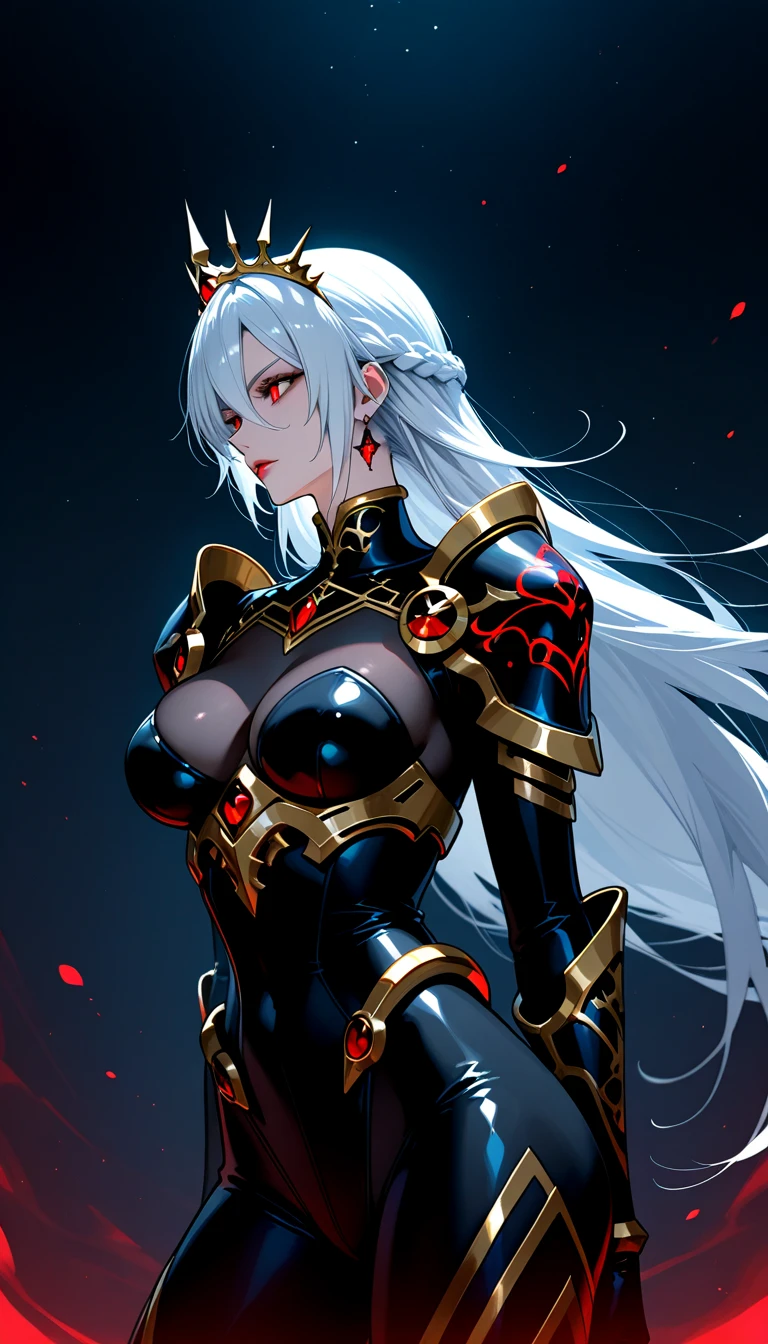 Anime vampire girl with white hair and black tips wearing a general's armor