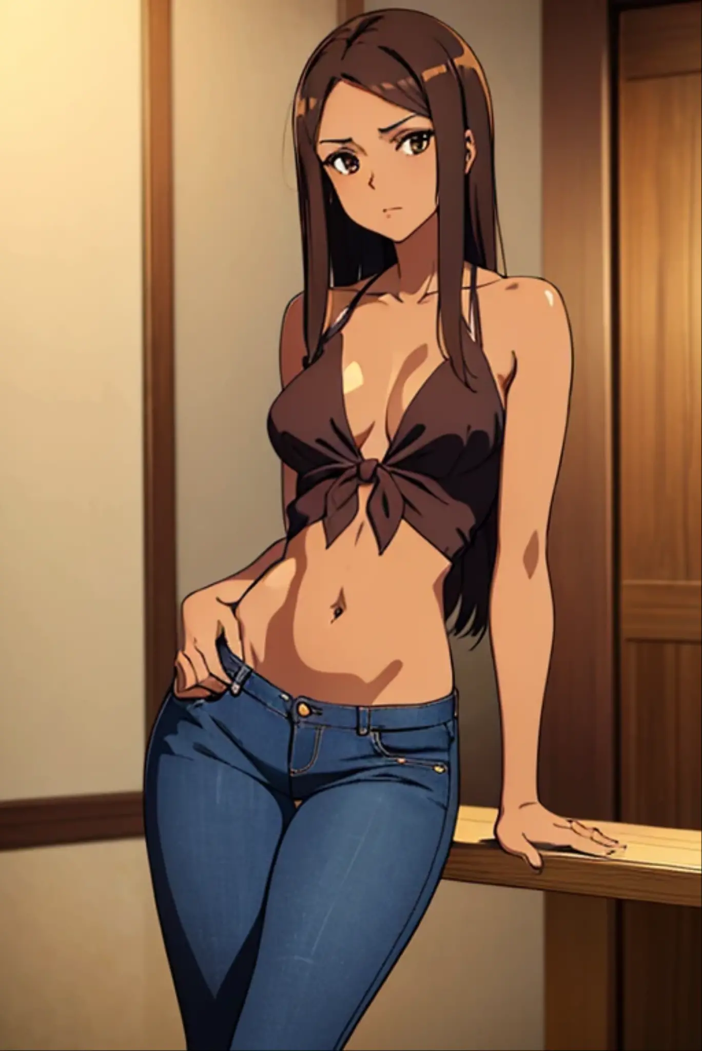 ((best quality)), ((masterpiece)), (detailed), perfect face, brown skin anime woman in a deep V-neck tied top, (bare shoulders), (jeans), (long hair), starving, (resting hands on the stomach), (hands on the stomach), (slim woman), (smooth skin), (sitting on the couch)