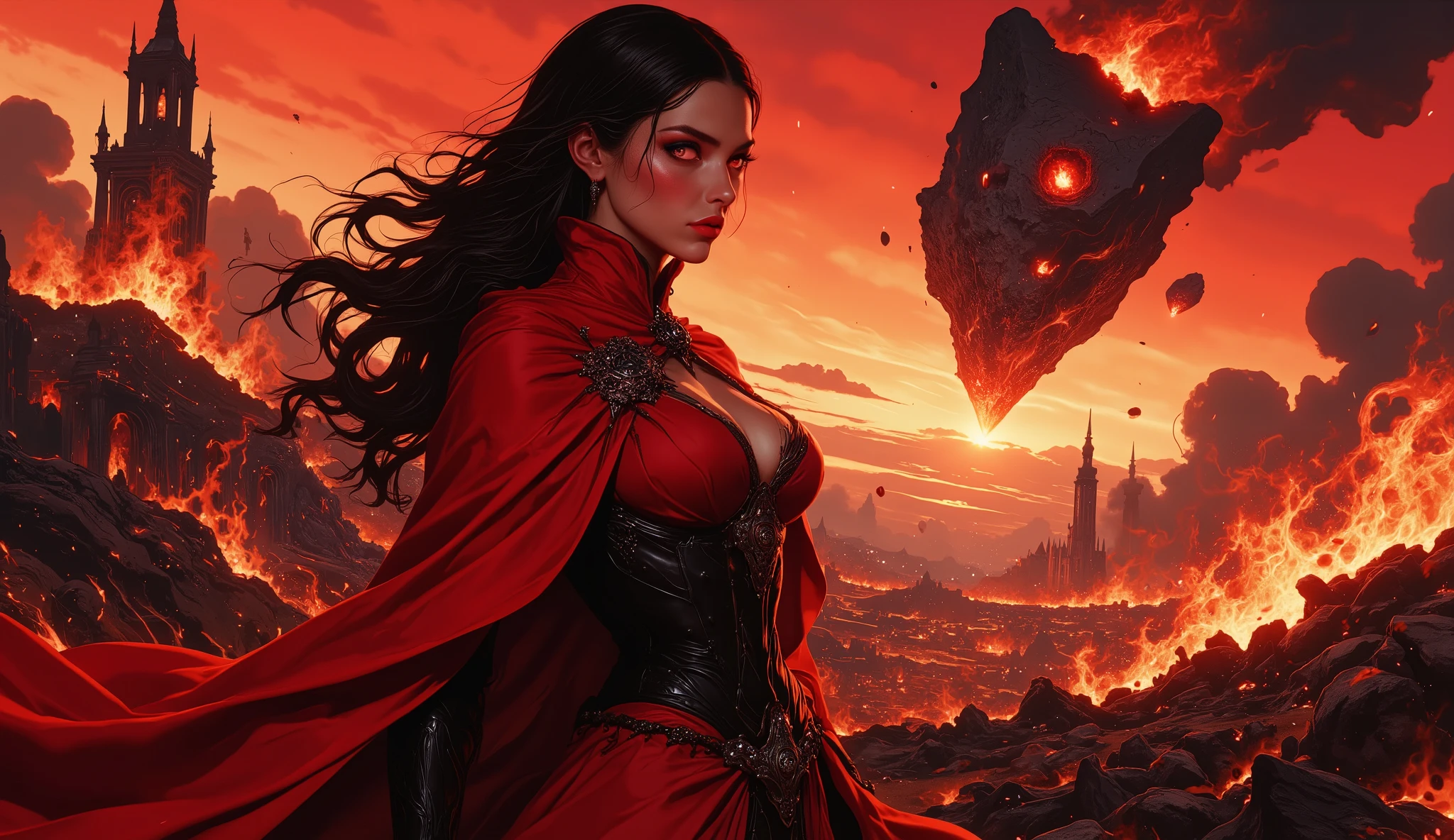 Digital art, fantasy painting, surrealism, (masterpiece), (Super detailed), UHD, 8k.
Featuring a powerfull Gipsy sorceress invoking a meteorite (giant rock in flammes).
Red outfit, intricate details, skirt, cape, corset, long dark hair, beautiful eyes, red iris, perfect anatomy.
In the background ruins of a city in fire, a grim testament to the ferocity of the battle. Flickering flames dance across the battlefield, casting jagged shadows over her and illuminating the thick, smoke-filled air. The sky above is a deep, smoky red, streaked with ash and the dying light of the sun, creating an apocalyptic backdrop.
A massive meteor falling from the sky dominates the painting, the meteorite looks like giant rock in flammes.
Cinematic lighting , mystical, fantasy, epic shot, depth of field.
Showcase the power of the sorceress, with a focus on the falling giant meteorite.
Ethereal fantasy concept art of cinematic film still manga art by Edogawa Ranpo, fantasy art by Larry Elmore, , Fantasy art, Dungeons & Dragons, dragons, knights, epic quests, detailed characters, Japanese mystery fiction . shallow depth of field, vignette, highly detailed, high budget, bokeh, cinemascope, moody, epic, gorgeous, film grain, grainy . magnificent, celestial, ethereal, painterly, epic, majestic, magical, fantasy art, cover art, dreamy.