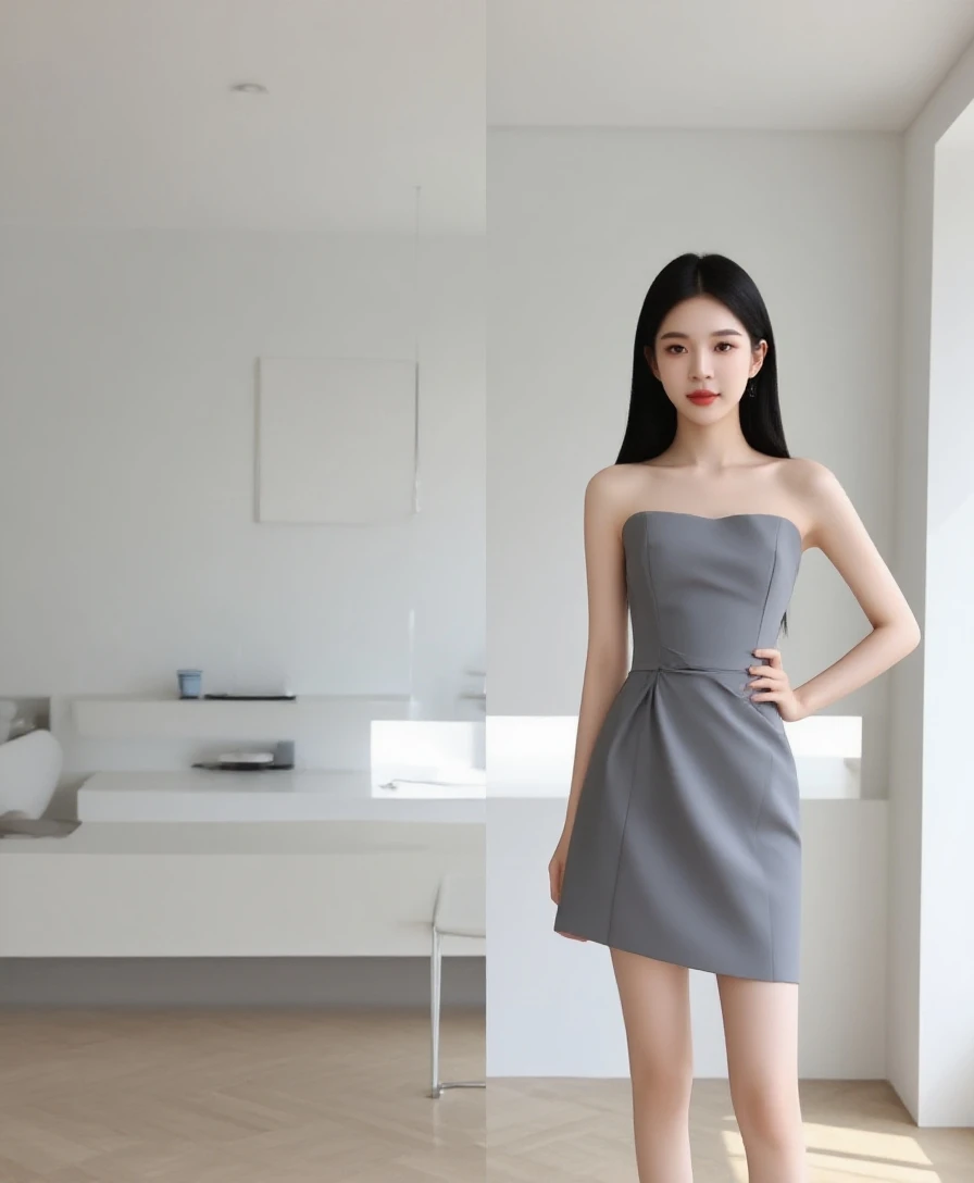 a woman in a white dress and black shoes posing for a picture, ( ivory black ), stylish dress, simple cream dress, simple dress, light half opened dress, elegant dress, korean women's fashion model, short dress, wearing ivory colour dress, white trendy clothes, elegant white dress, bone dress, cute dress, wearing white dress, sexy dress, h 576