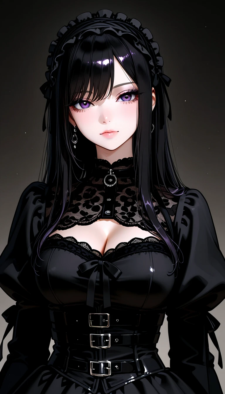 sfw, close-up, cute, gothic girl, long black hair, fringe, eyeliner, black dress, white pale skin, black lipstick, ((small breasts))