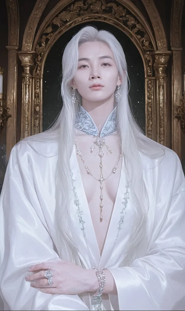 masterpiece, best quality, (alone focus), (perfect face:1.1), (high detail:1.1),dramatic, 1 person, (pale skin), long white hair, white eyes, [Light eyebrows], alone, Venetian mask, white luxury suit, cover navel, Pouting, cover, ball room, Detailed background, Artwork by artgerm and greg rutkowski,  Cinema lighting, Rose