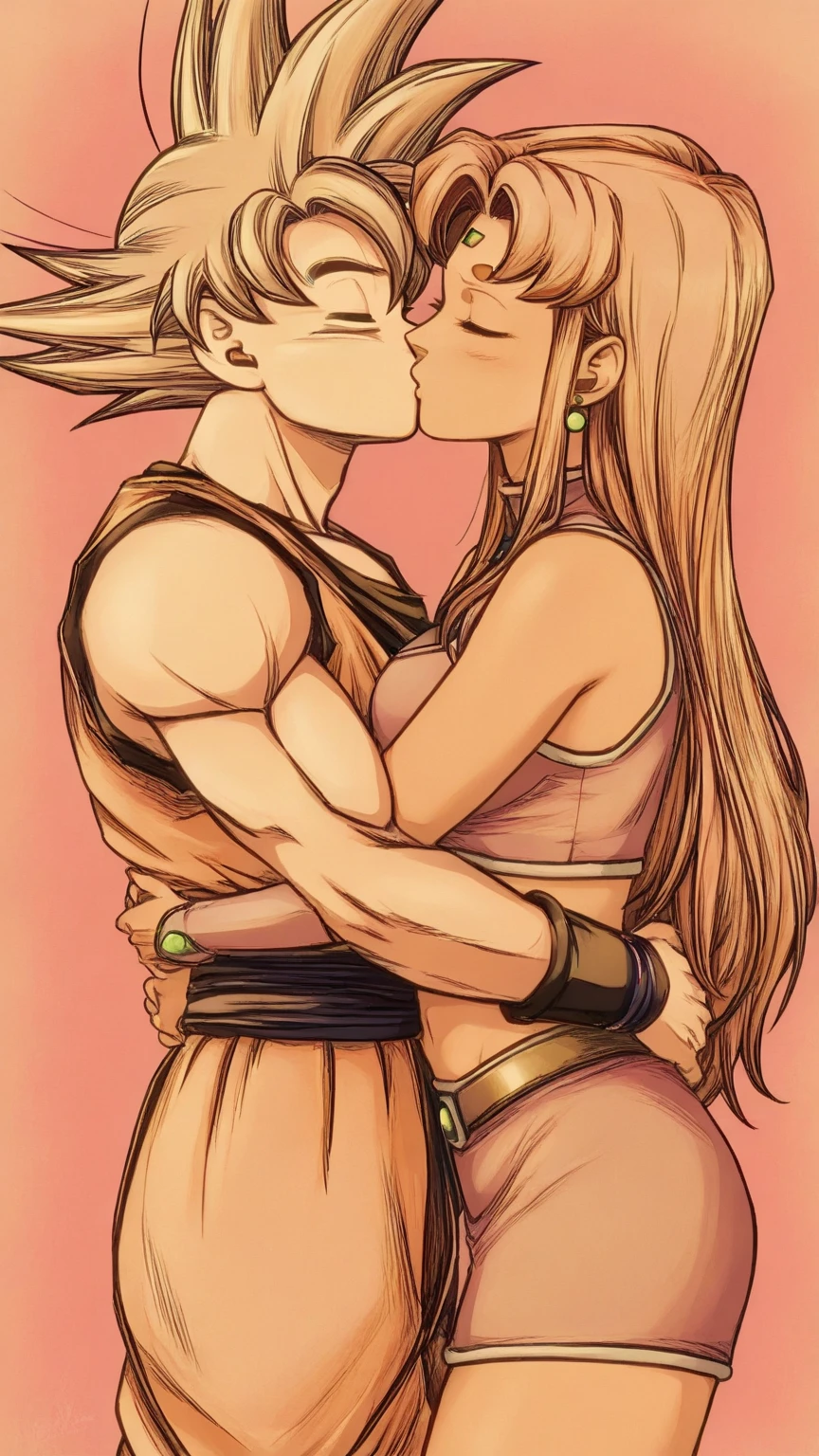 1 futa, 1 girl; 
futa(  Saiyan, spiky blonde hair combed back,, green eyes,slim, thin waist, wide hips, brown skin color, medium breasts, naked, huge dick, large dick, steamy dick);

girl ( black hair, naked, great breasts, pussy, ass , big ass, sucking futanari dick, blowjob in futanari, doing blowjob in funtanari, girl with futanari);